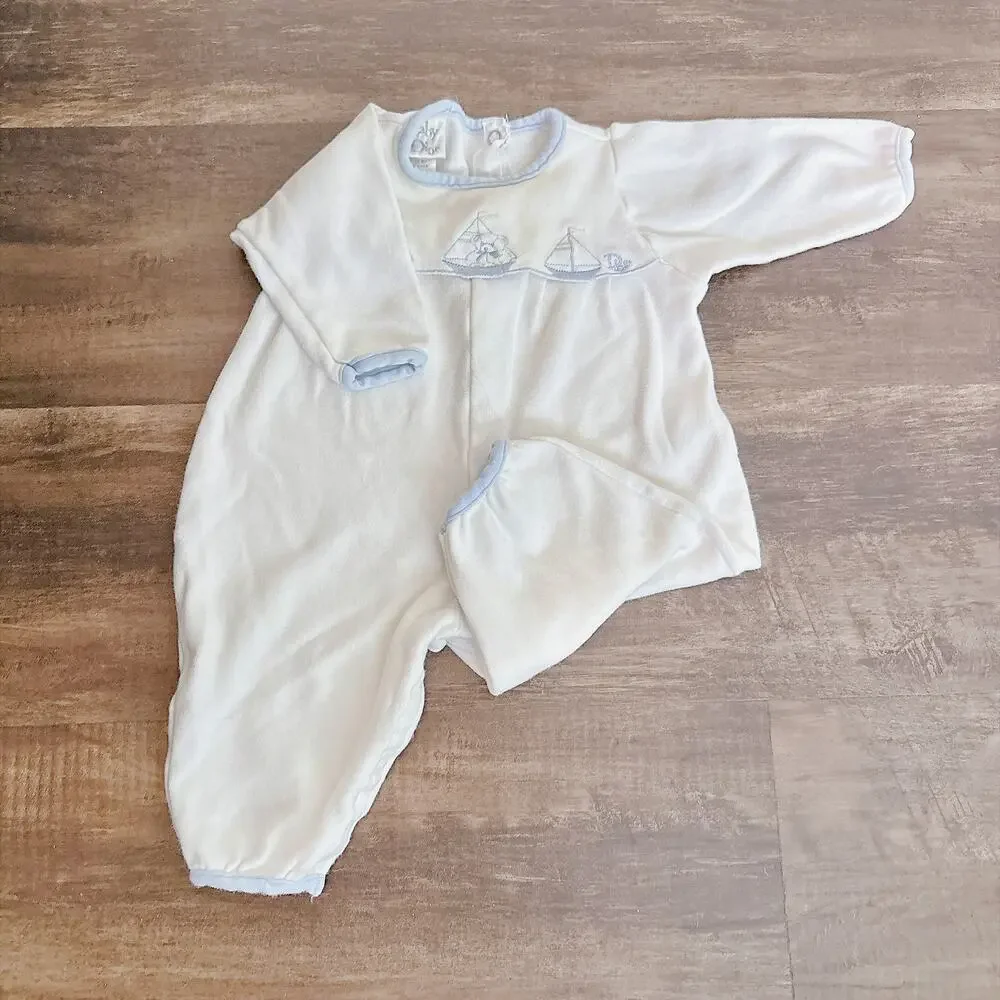 VINTAGE BABY DIOR EMBROIDERED SAILBOAT WHITE VELOUR ROMPER - 3 TO 6 M